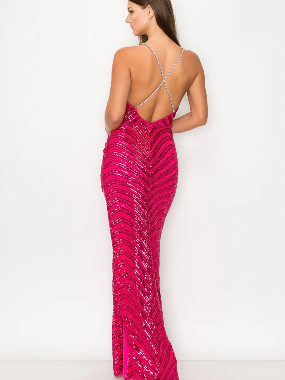 Minuet Kiara Rhinestone Strap Sequin Gown Fuchsia with Slit NWT Size L